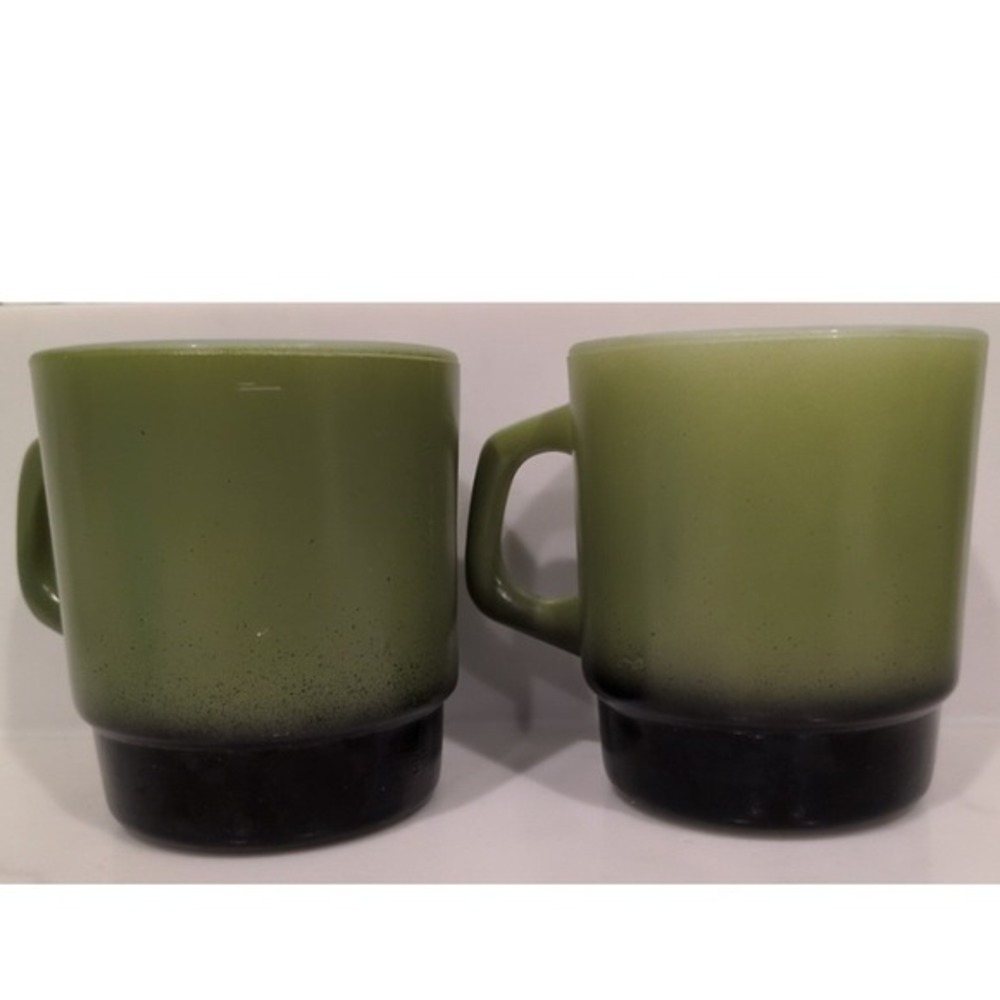 Vintage Fire-King Green Black Ombre Stackable Milk Glass Mugs Set of 2 MCM